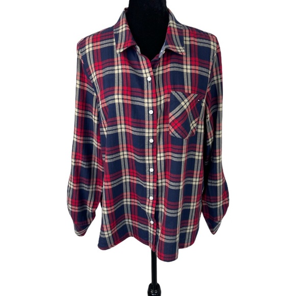 Tommy Hilfiger Plaid Woman’s Red Navy Long sleeve Button down Boyfriend shirt L - Picture 1 of 10